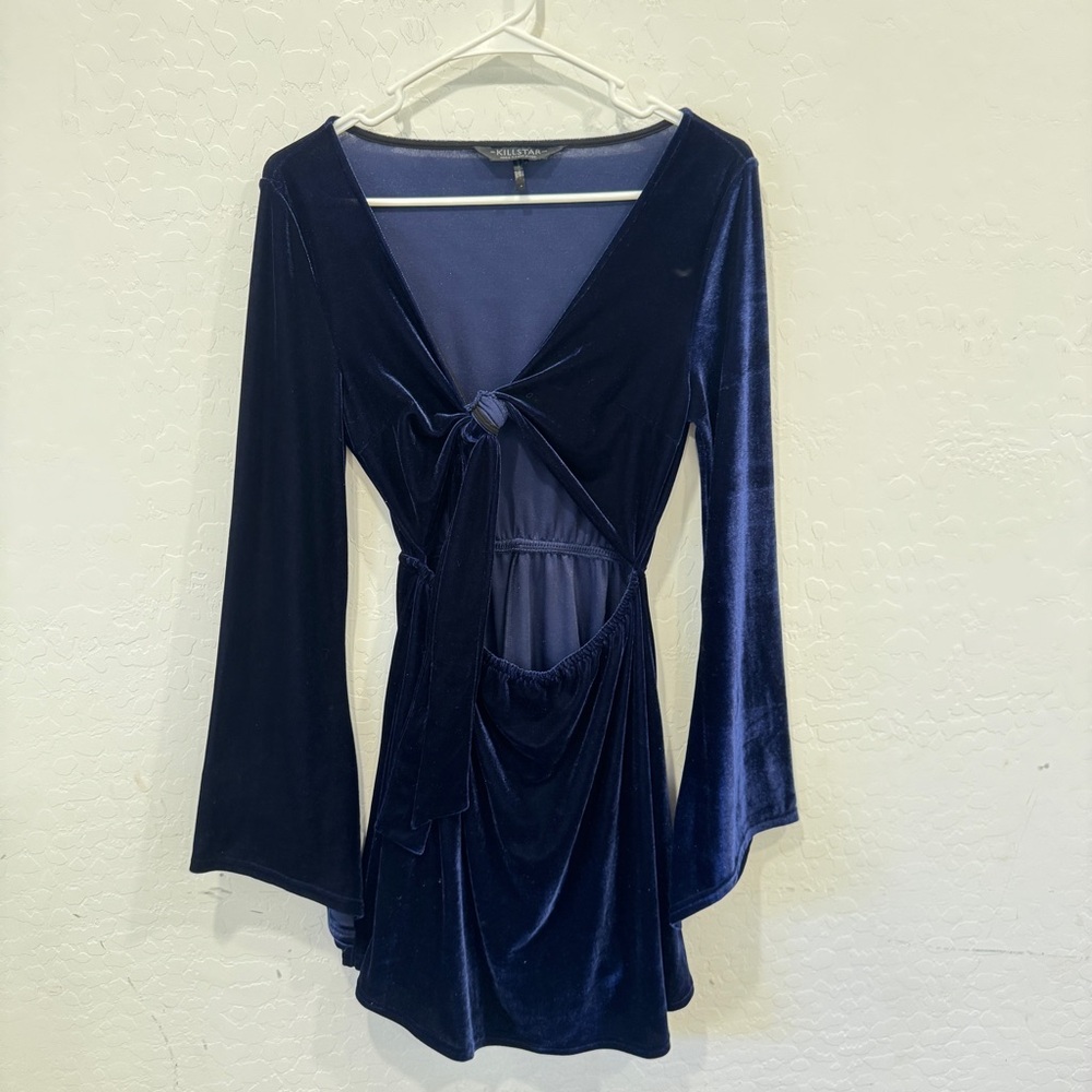 Killstar Velvet Mini Dress Womens Small Deep Blue Flare Sleeve Witchy Whimsigoth